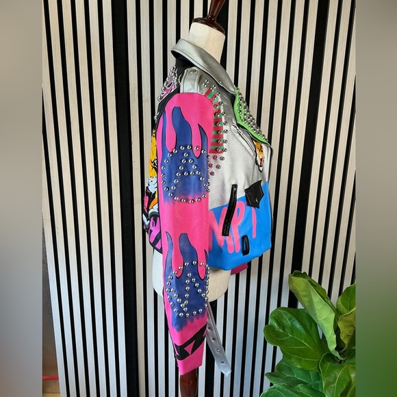 New Women’s AZALEA WANG Peridot Patch Work Moto Studded Jacket Sz M - Picture 7 of 7